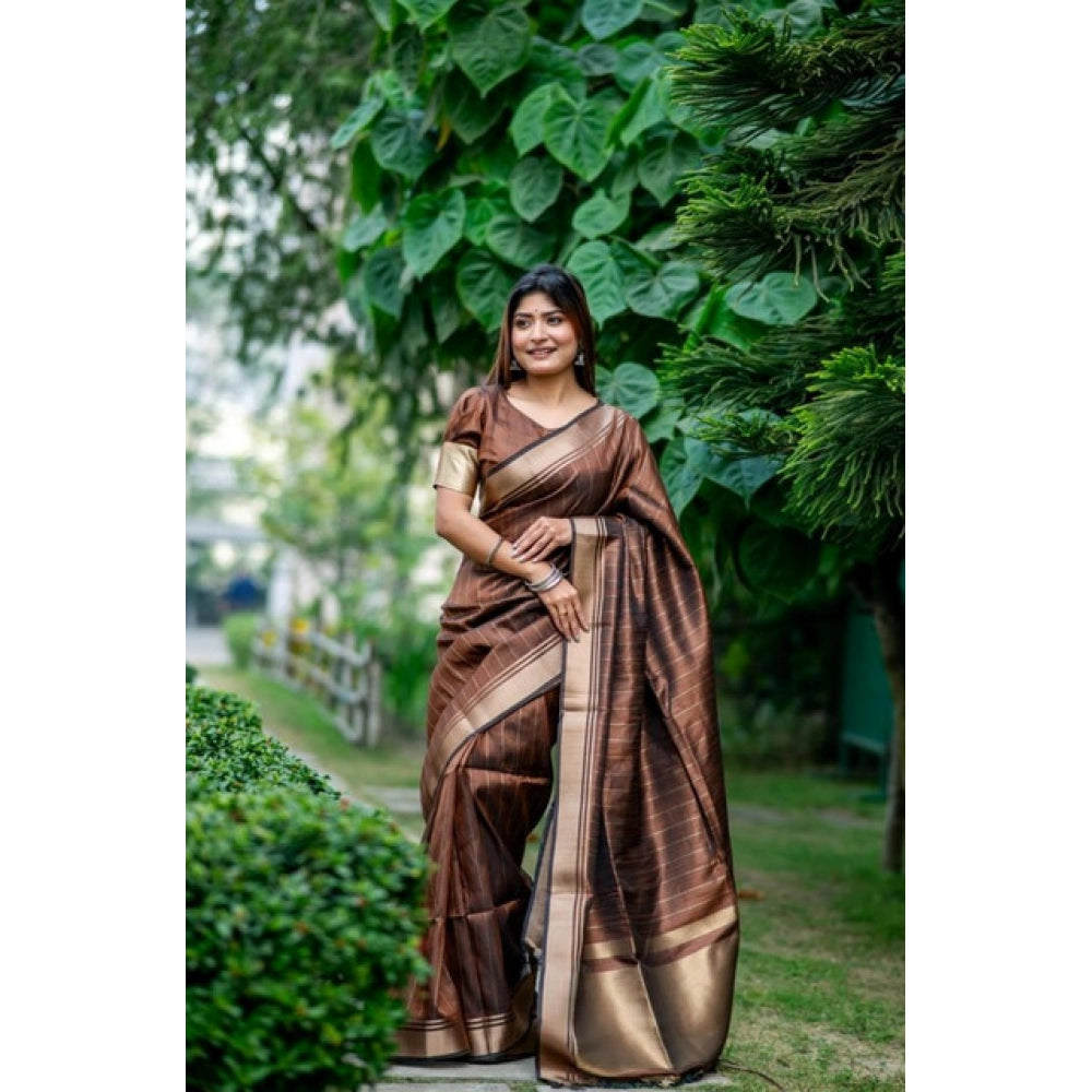 Women's Faux_Banarasi Lining Pattern Saree With Unstitched Blouse 5.5Mtr (Light_Brown) - VANSHELLE