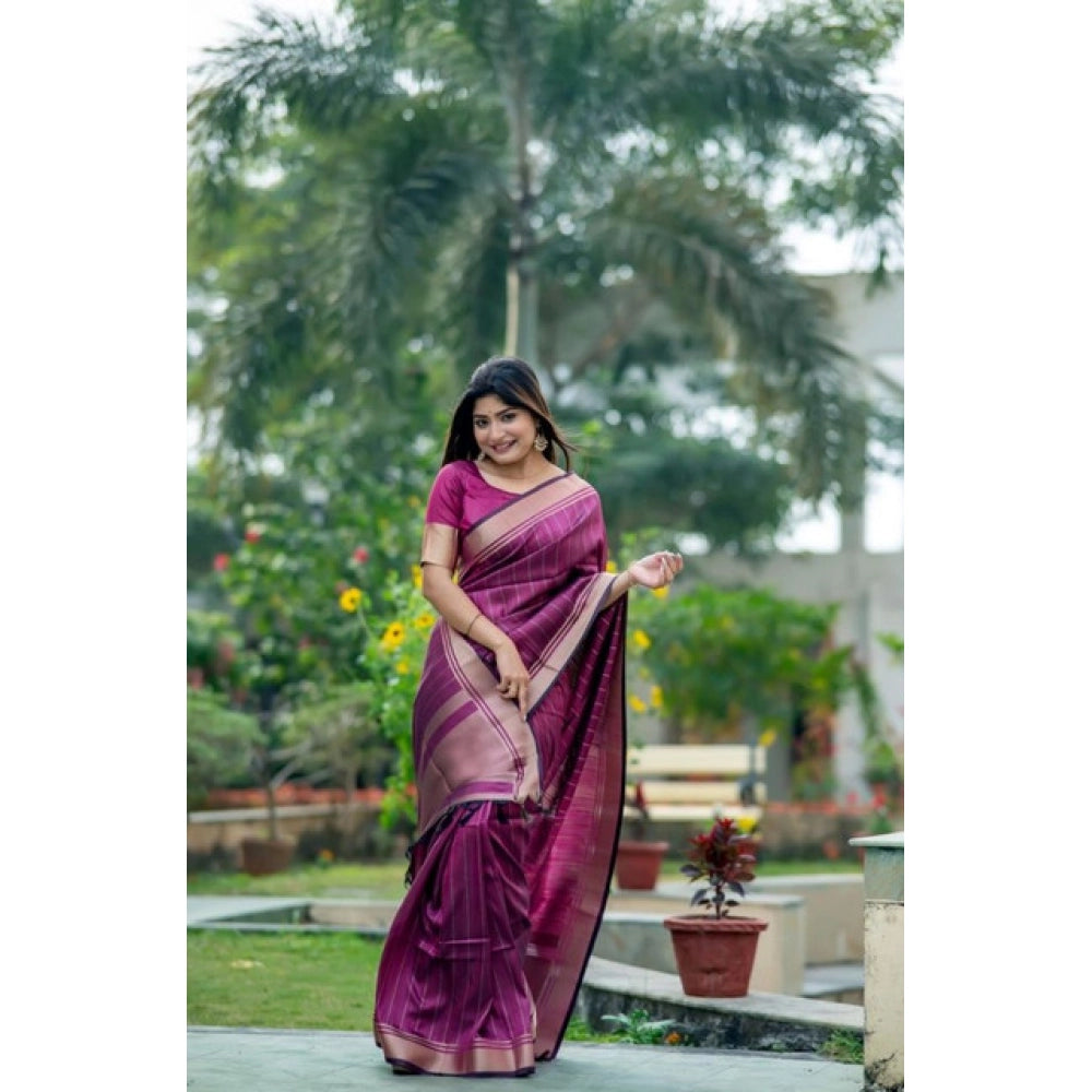 Women's Faux_Banarasi Lining Pattern Saree With Unstitched Blouse 5.5Mtr (Magenta) - VANSHELLE