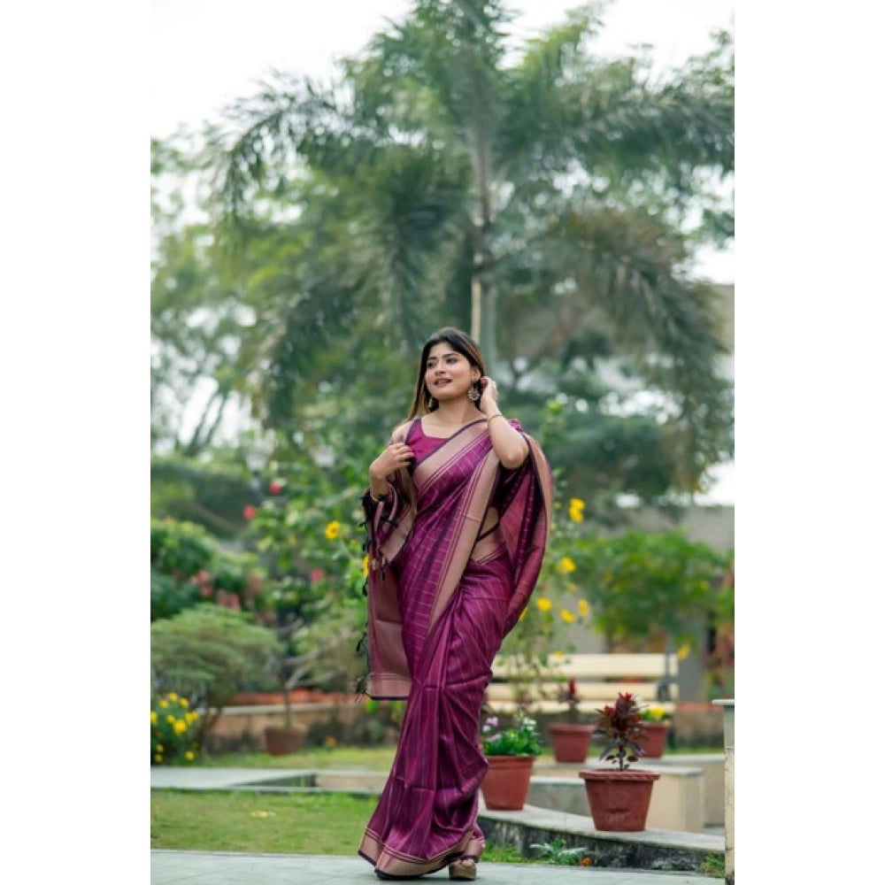 Women's Faux_Banarasi Lining Pattern Saree With Unstitched Blouse 5.5Mtr (Magenta) - VANSHELLE