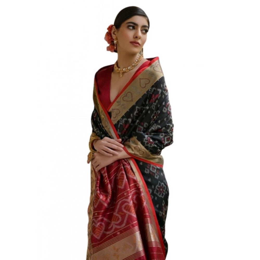 Women's Silk_Blend Ethnic Ikat Pattern Saree With Unstitched Blouse 5.5Mtr (Black) - VANSHELLE