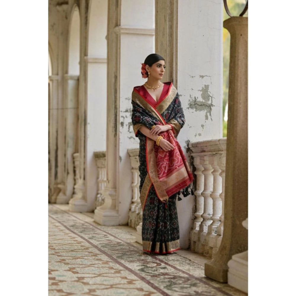 Women's Silk_Blend Ethnic Ikat Pattern Saree With Unstitched Blouse 5.5Mtr (Black) - VANSHELLE