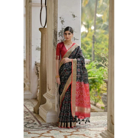 Women's Silk_Blend Ethnic Ikat Pattern Saree With Unstitched Blouse 5.5Mtr (Black) - VANSHELLE