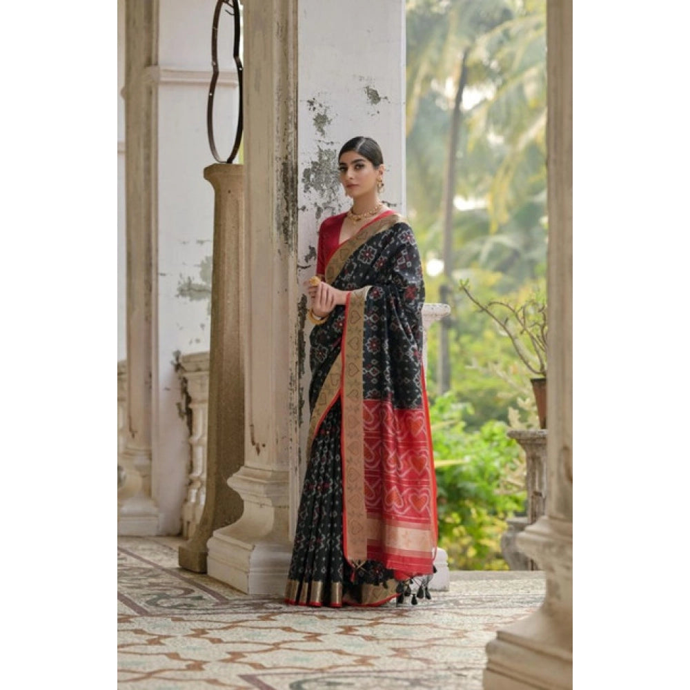 Women's Silk_Blend Ethnic Ikat Pattern Saree With Unstitched Blouse 5.5Mtr (Black) - VANSHELLE