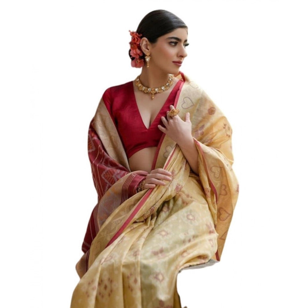 Women's Silk_Blend Ethnic Ikat Pattern Saree With Unstitched Blouse 5.5Mtr (Cream) - VANSHELLE