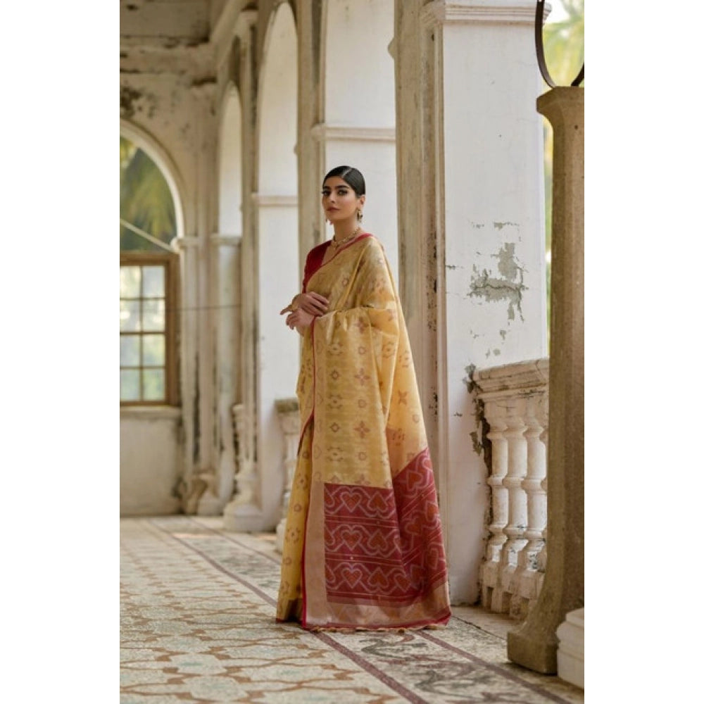 Women's Silk_Blend Ethnic Ikat Pattern Saree With Unstitched Blouse 5.5Mtr (Cream) - VANSHELLE