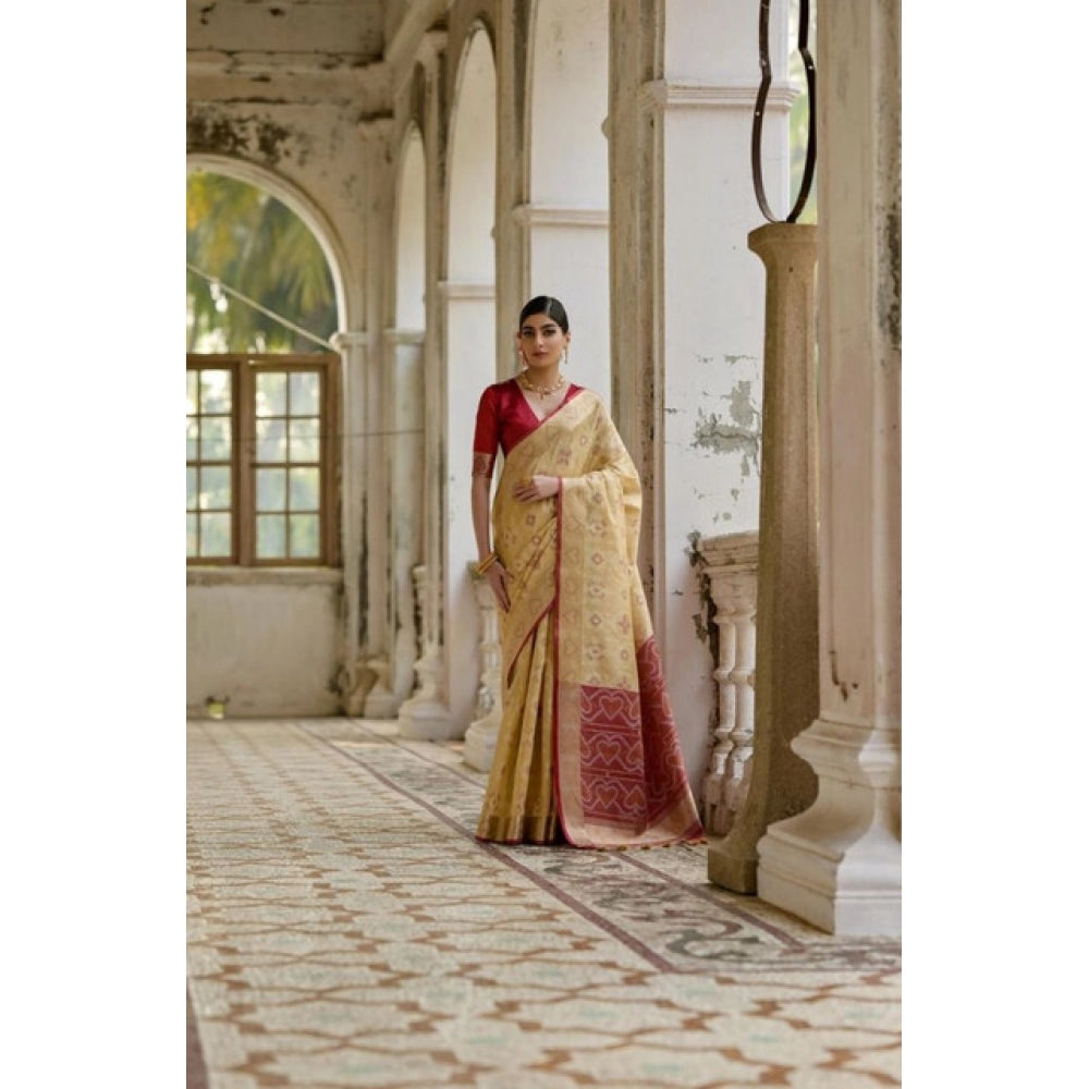 Women's Silk_Blend Ethnic Ikat Pattern Saree With Unstitched Blouse 5.5Mtr (Cream) - VANSHELLE