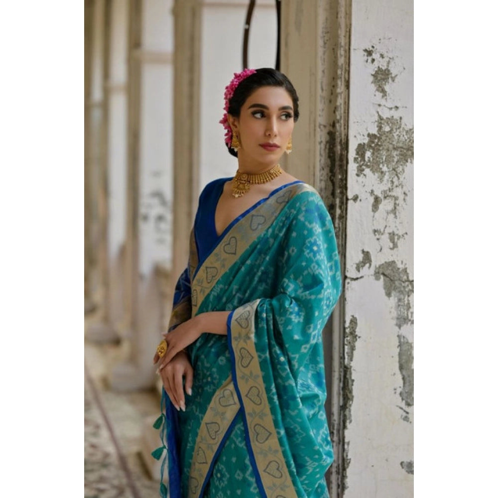 Women's Silk_Blend Ethnic Ikat Pattern Saree With Unstitched Blouse 5.5Mtr (Teal) - VANSHELLE