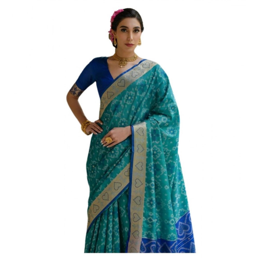 Women's Silk_Blend Ethnic Ikat Pattern Saree With Unstitched Blouse 5.5Mtr (Teal) - VANSHELLE