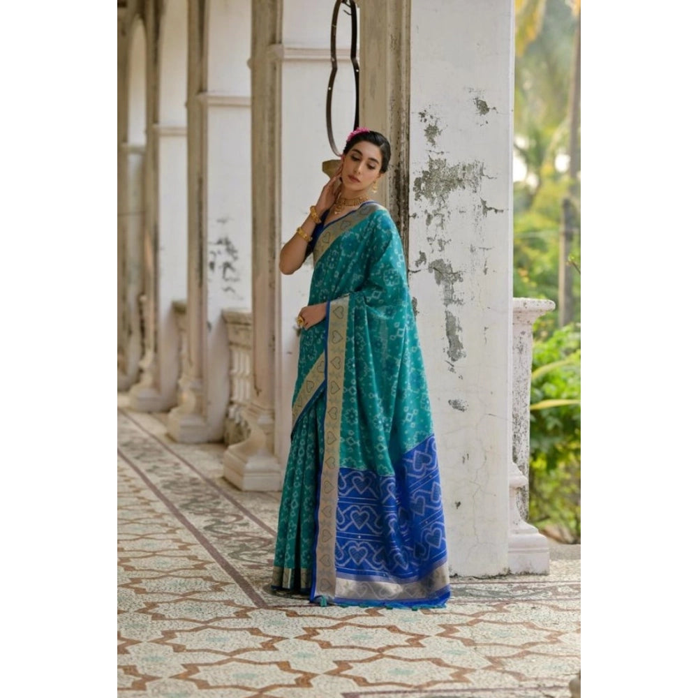 Women's Silk_Blend Ethnic Ikat Pattern Saree With Unstitched Blouse 5.5Mtr (Teal) - VANSHELLE