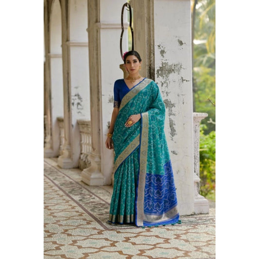 Women's Silk_Blend Ethnic Ikat Pattern Saree With Unstitched Blouse 5.5Mtr (Teal) - VANSHELLE