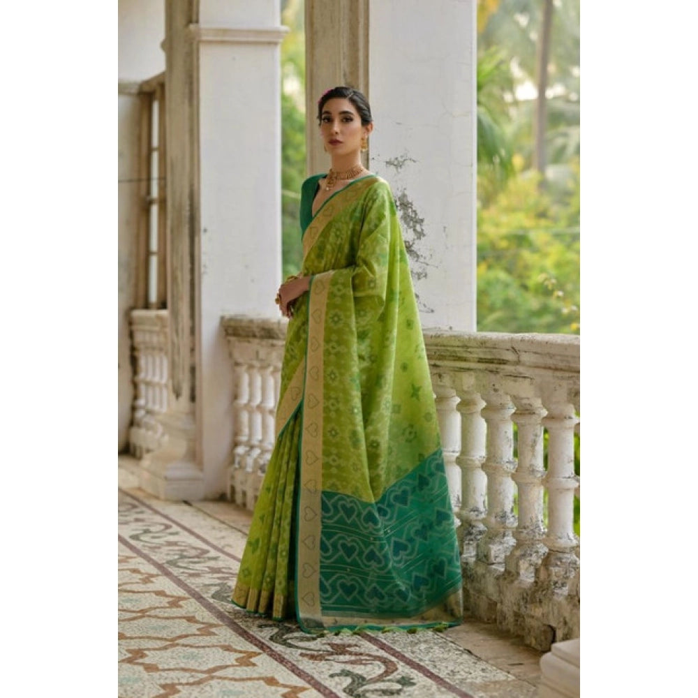 Women's Silk_Blend Ethnic Ikat Pattern Saree With Unstitched Blouse 5.5Mtr (Light_Green) - VANSHELLE