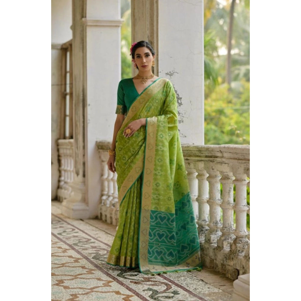 Women's Silk_Blend Ethnic Ikat Pattern Saree With Unstitched Blouse 5.5Mtr (Light_Green) - VANSHELLE