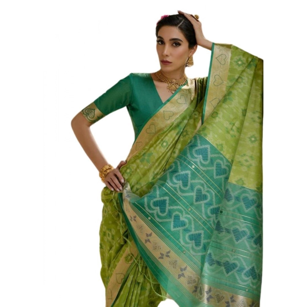 Women's Silk_Blend Ethnic Ikat Pattern Saree With Unstitched Blouse 5.5Mtr (Light_Green) - VANSHELLE