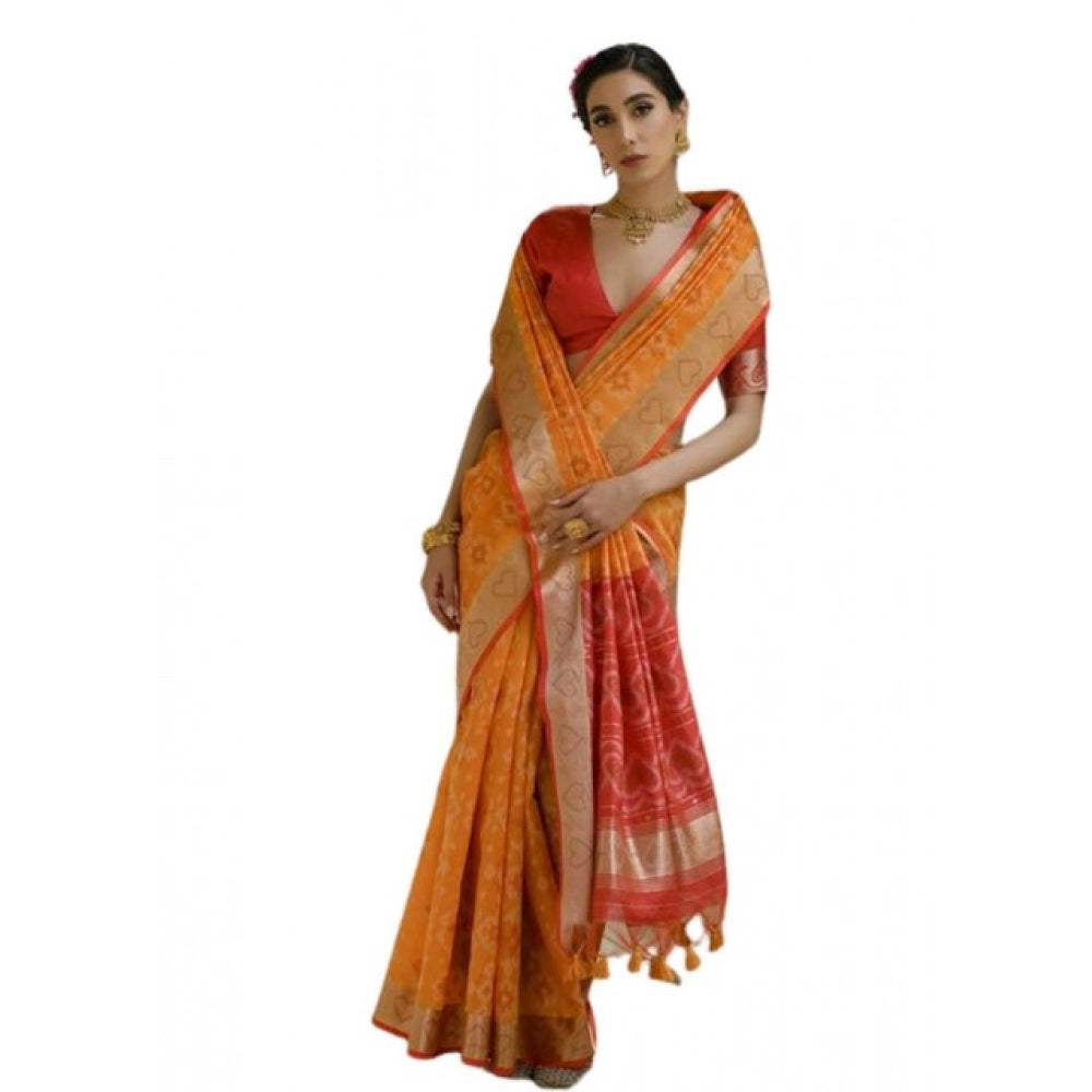 Women's Silk_Blend Ethnic Ikat Pattern Saree With Unstitched Blouse 5.5Mtr (Mustard) - VANSHELLE