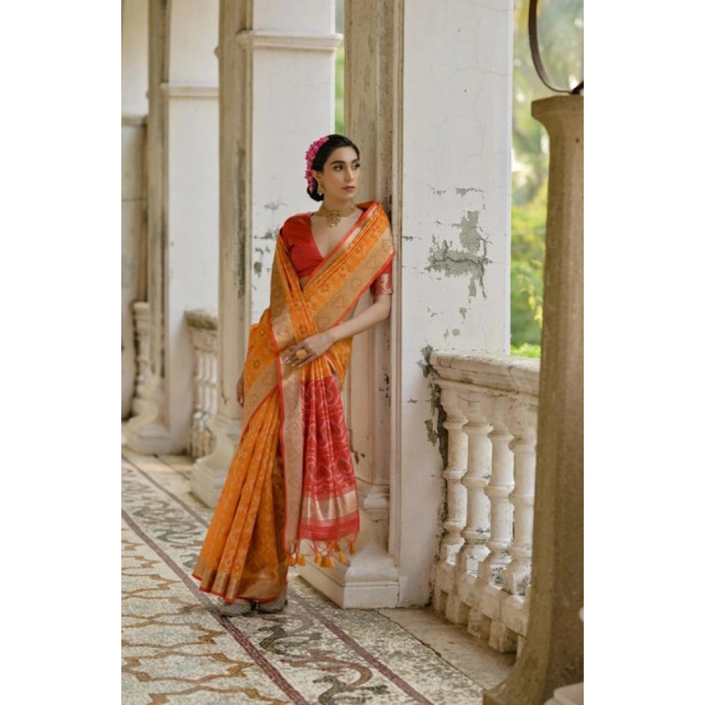 Women's Silk_Blend Ethnic Ikat Pattern Saree With Unstitched Blouse 5.5Mtr (Mustard) - VANSHELLE