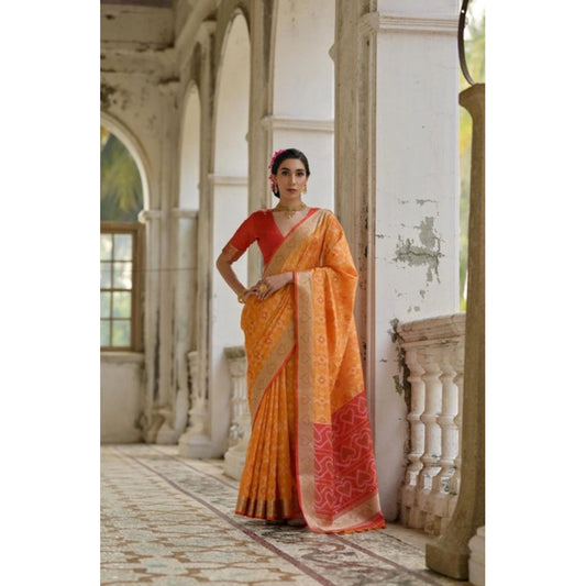 Women's Silk_Blend Ethnic Ikat Pattern Saree With Unstitched Blouse 5.5Mtr (Mustard) - VANSHELLE