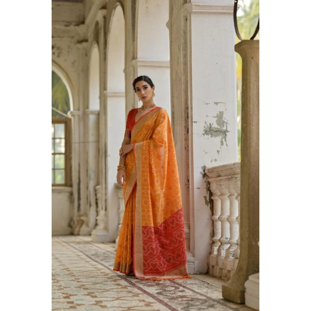 Women's Silk_Blend Ethnic Ikat Pattern Saree With Unstitched Blouse 5.5Mtr (Mustard) - VANSHELLE