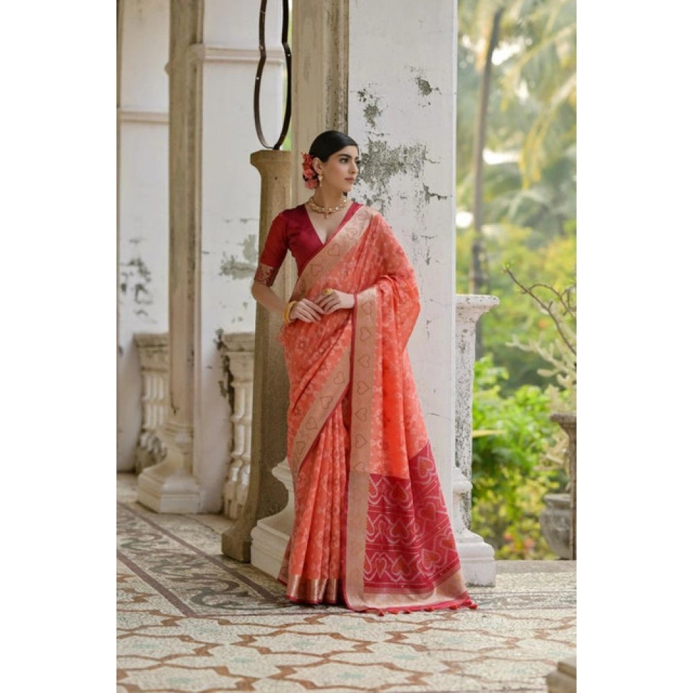 Women's Silk_Blend Ethnic Ikat Pattern Saree With Unstitched Blouse 5.5Mtr (Orange) - VANSHELLE