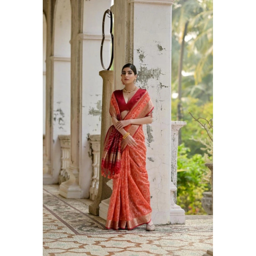Women's Silk_Blend Ethnic Ikat Pattern Saree With Unstitched Blouse 5.5Mtr (Orange) - VANSHELLE