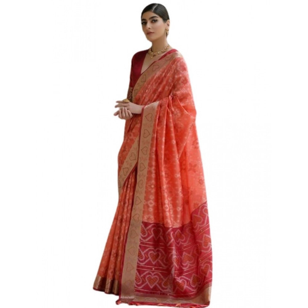Women's Silk_Blend Ethnic Ikat Pattern Saree With Unstitched Blouse 5.5Mtr (Orange) - VANSHELLE