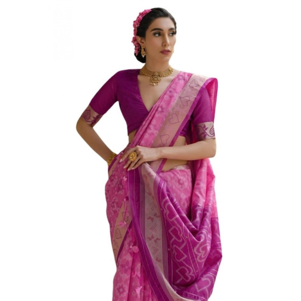 Women's Silk_Blend Ethnic Ikat Pattern Saree With Unstitched Blouse 5.5Mtr (Pink) - VANSHELLE