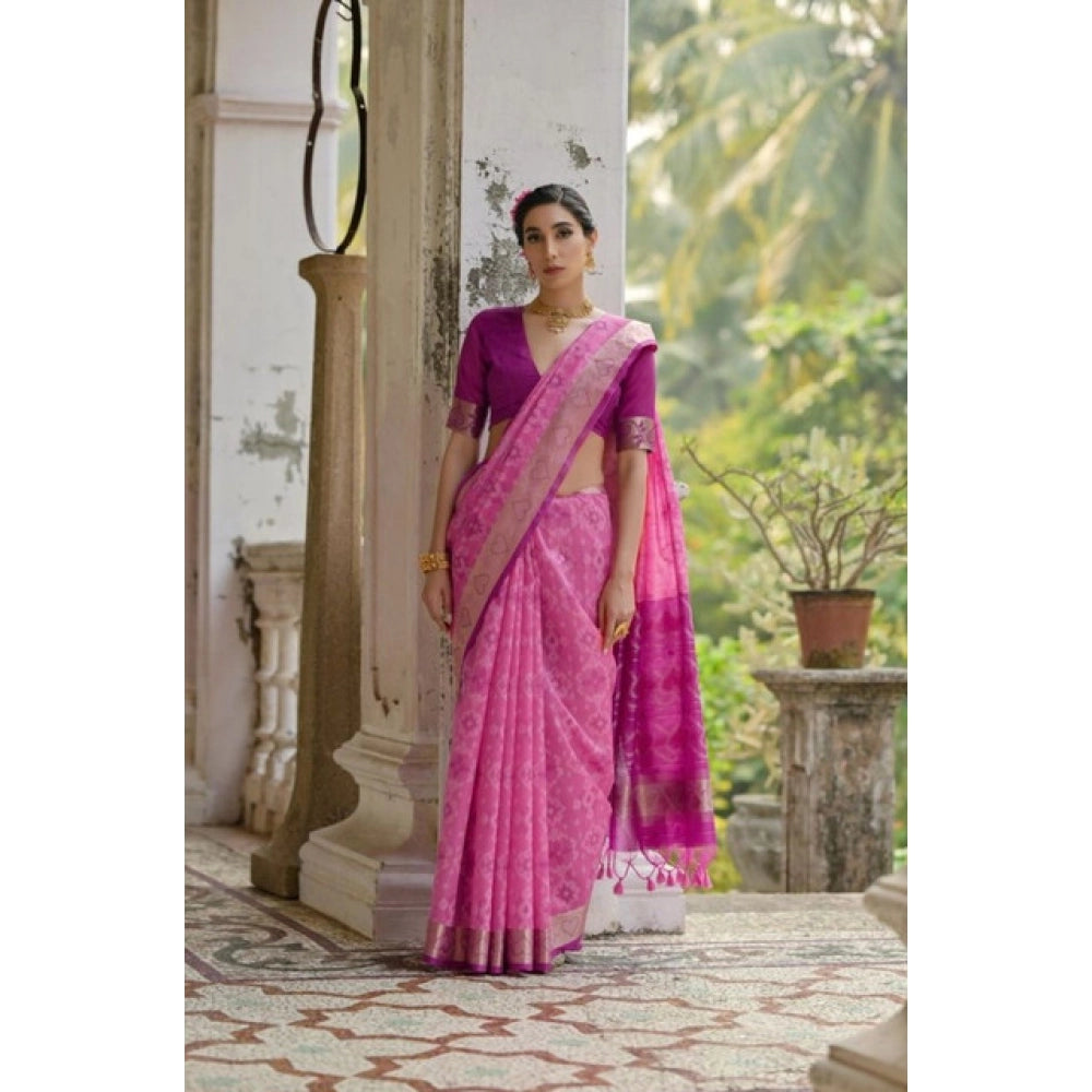 Women's Silk_Blend Ethnic Ikat Pattern Saree With Unstitched Blouse 5.5Mtr (Pink) - VANSHELLE