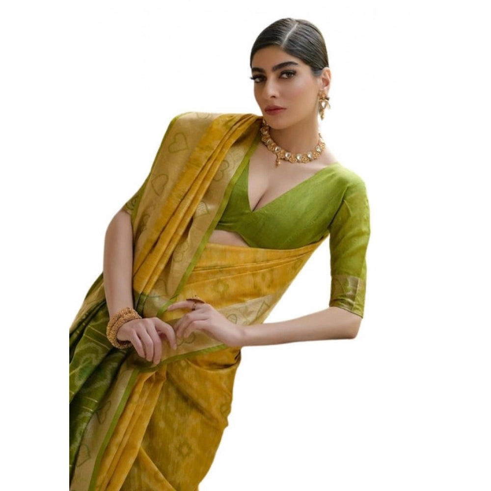 Women's Silk_Blend Ethnic Ikat Pattern Saree With Unstitched Blouse 5.5Mtr (Yellow) - VANSHELLE