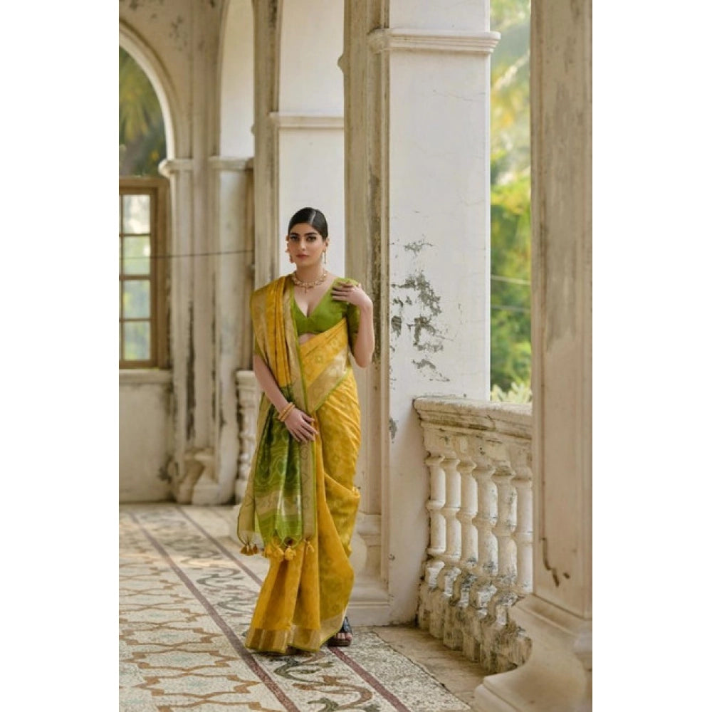 Women's Silk_Blend Ethnic Ikat Pattern Saree With Unstitched Blouse 5.5Mtr (Yellow) - VANSHELLE