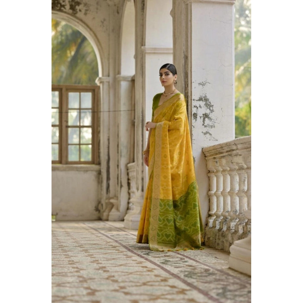 Women's Silk_Blend Ethnic Ikat Pattern Saree With Unstitched Blouse 5.5Mtr (Yellow) - VANSHELLE