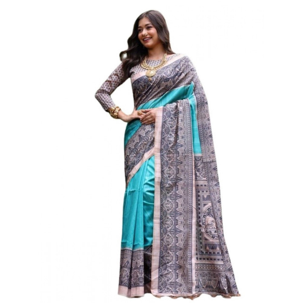 Women's Faux_Tussar Ethnic_Print Saree With Unstitched Blouse 5.5Mtr (Aqua_Blue) - VANSHELLE