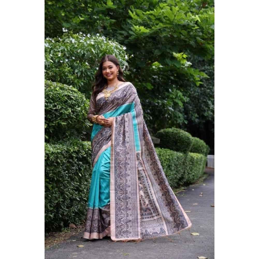 Women's Faux_Tussar Ethnic_Print Saree With Unstitched Blouse 5.5Mtr (Aqua_Blue) - VANSHELLE