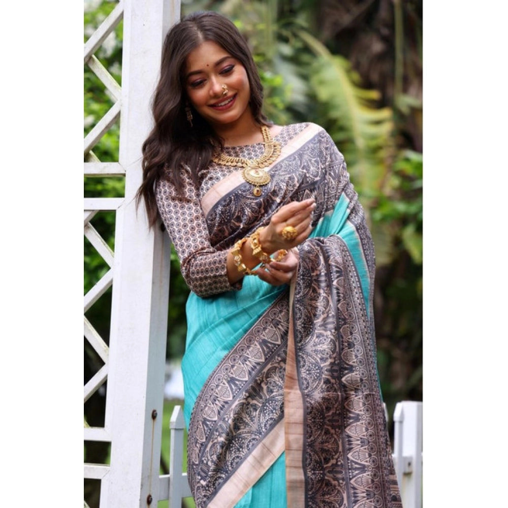 Women's Faux_Tussar Ethnic_Print Saree With Unstitched Blouse 5.5Mtr (Aqua_Blue) - VANSHELLE