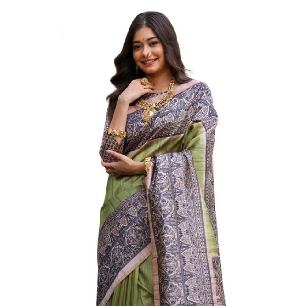 Women's Faux_Tussar Ethnic_Print Saree With Unstitched Blouse 5.5Mtr (Olive) - VANSHELLE