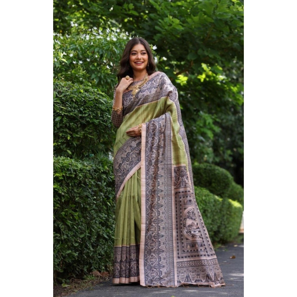 Women's Faux_Tussar Ethnic_Print Saree With Unstitched Blouse 5.5Mtr (Olive) - VANSHELLE