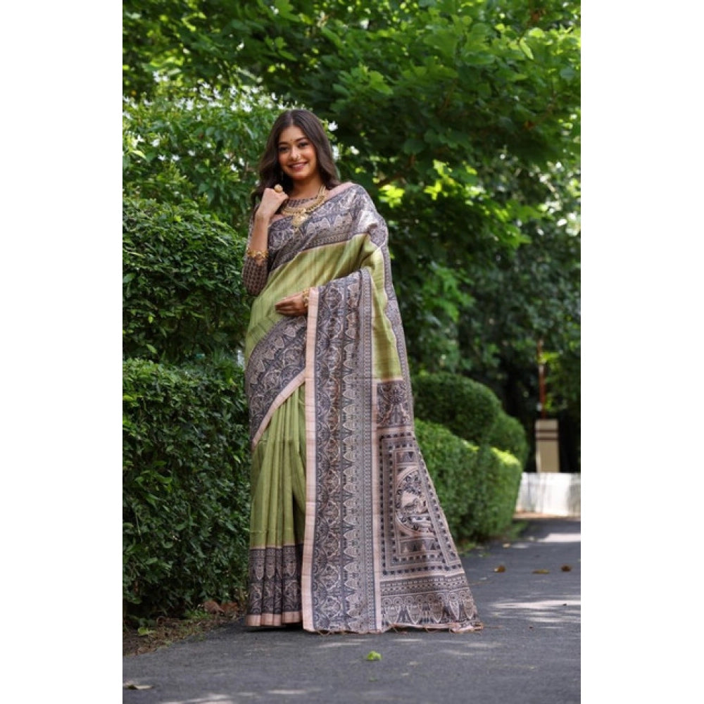 Women's Faux_Tussar Ethnic_Print Saree With Unstitched Blouse 5.5Mtr (Olive) - VANSHELLE