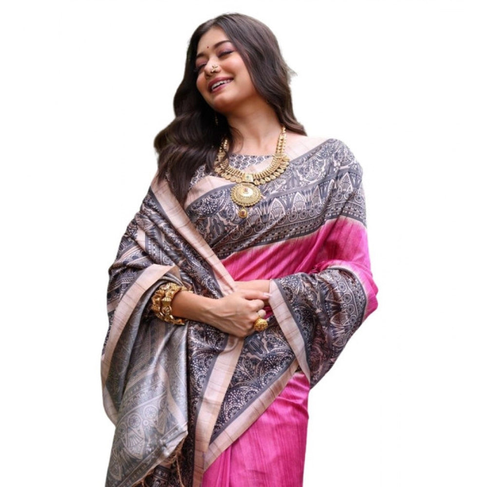 Women's Faux_Tussar Ethnic_Print Saree With Unstitched Blouse 5.5Mtr (Pink) - VANSHELLE