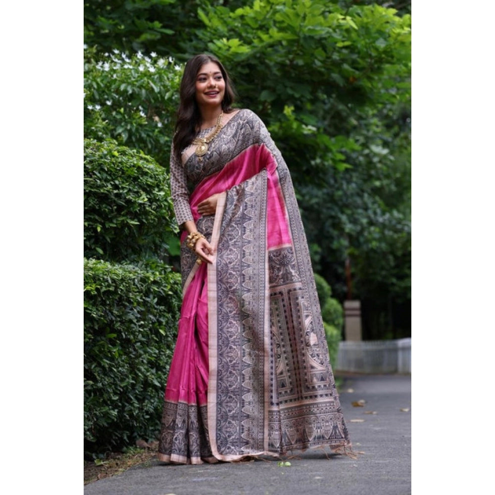 Women's Faux_Tussar Ethnic_Print Saree With Unstitched Blouse 5.5Mtr (Pink) - VANSHELLE