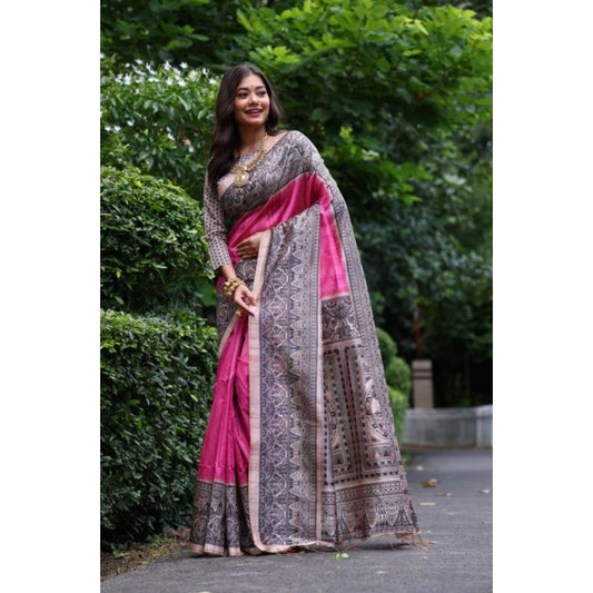 Women's Faux_Tussar Ethnic_Print Saree With Unstitched Blouse 5.5Mtr (Pink) - VANSHELLE