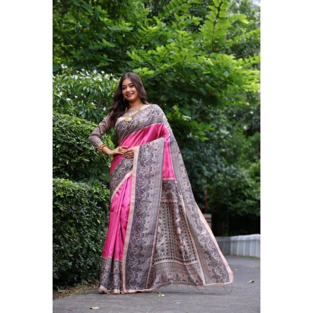 Women's Faux_Tussar Ethnic_Print Saree With Unstitched Blouse 5.5Mtr (Pink) - VANSHELLE