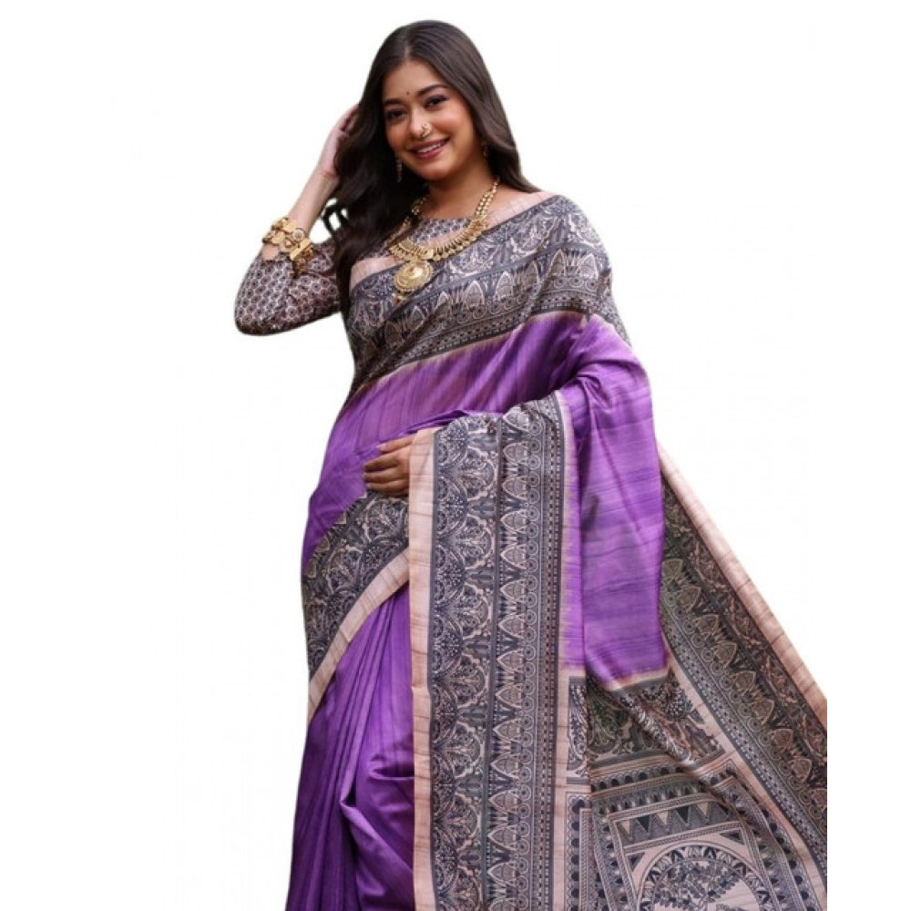 Women's Faux_Tussar Ethnic_Print Saree With Unstitched Blouse 5.5Mtr (Purple) - VANSHELLE