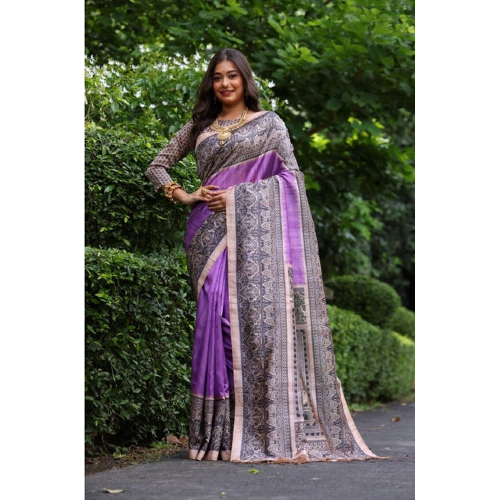 Women's Faux_Tussar Ethnic_Print Saree With Unstitched Blouse 5.5Mtr (Purple) - VANSHELLE