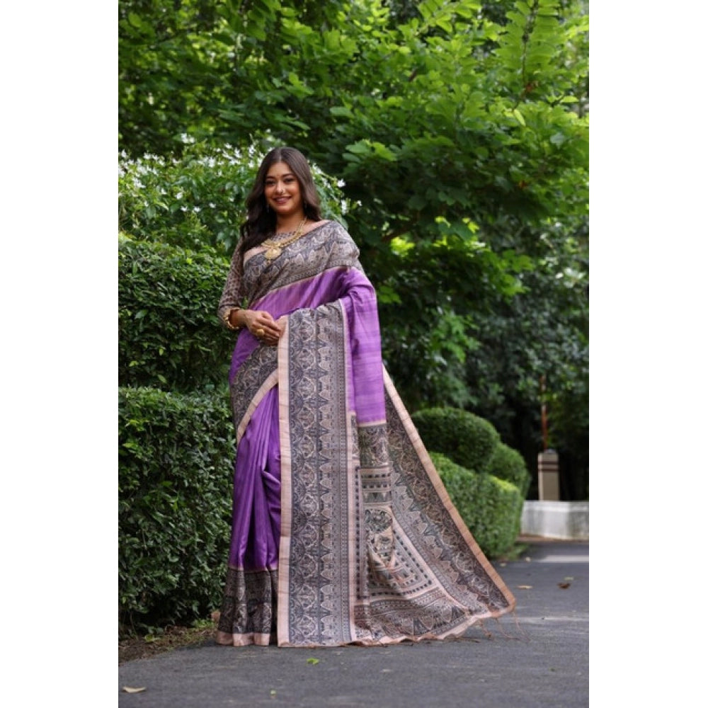 Women's Faux_Tussar Ethnic_Print Saree With Unstitched Blouse 5.5Mtr (Purple) - VANSHELLE