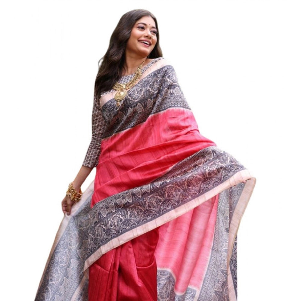 Women's Faux_Tussar Ethnic_Print Saree With Unstitched Blouse 5.5Mtr (Red) - VANSHELLE