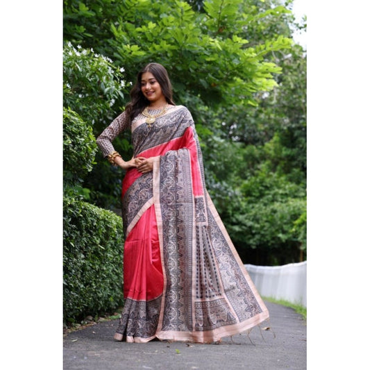 Women's Faux_Tussar Ethnic_Print Saree With Unstitched Blouse 5.5Mtr (Red) - VANSHELLE