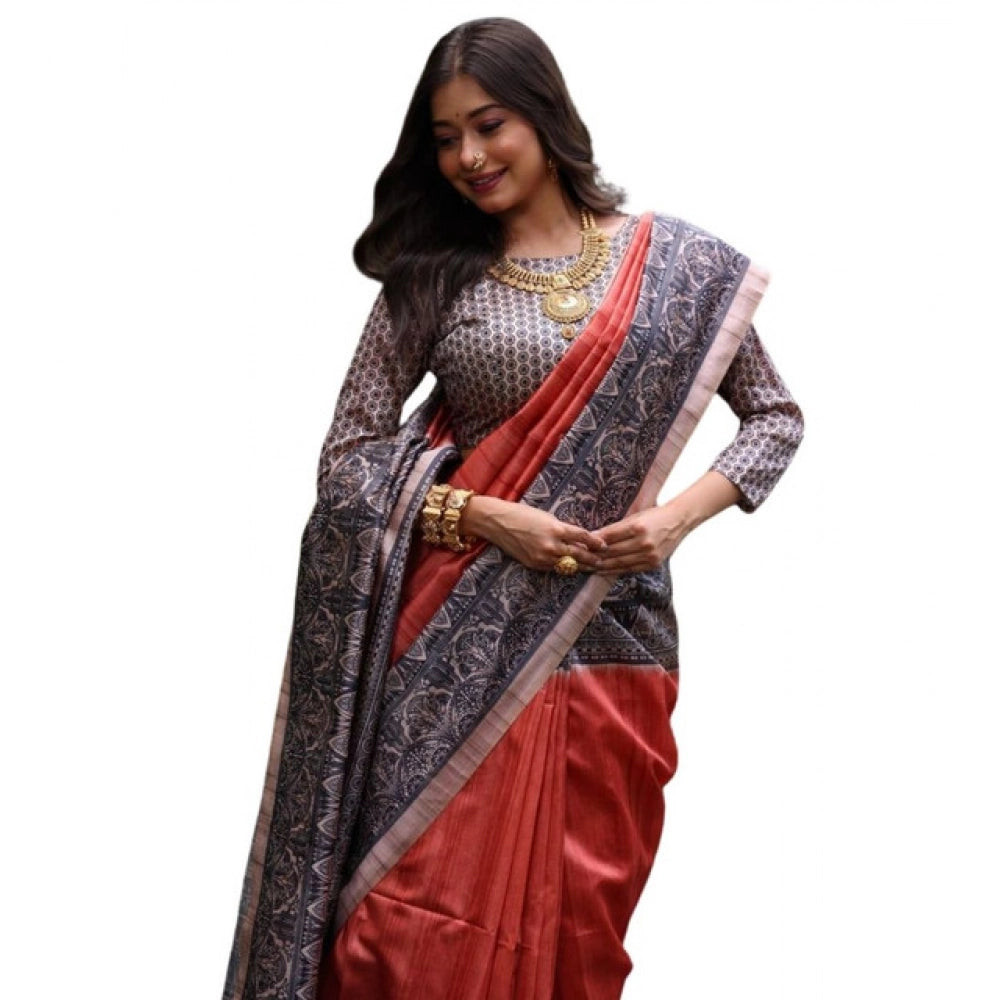 Women's Faux_Tussar Ethnic_Print Saree With Unstitched Blouse 5.5Mtr (Rust) - VANSHELLE