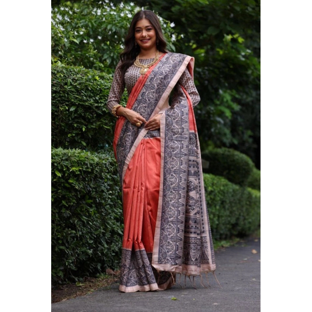 Women's Faux_Tussar Ethnic_Print Saree With Unstitched Blouse 5.5Mtr (Rust) - VANSHELLE