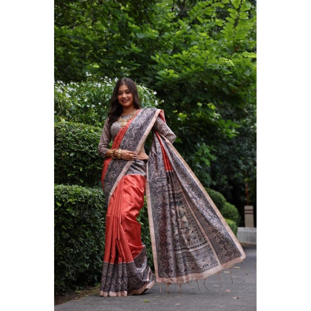 Women's Faux_Tussar Ethnic_Print Saree With Unstitched Blouse 5.5Mtr (Rust) - VANSHELLE
