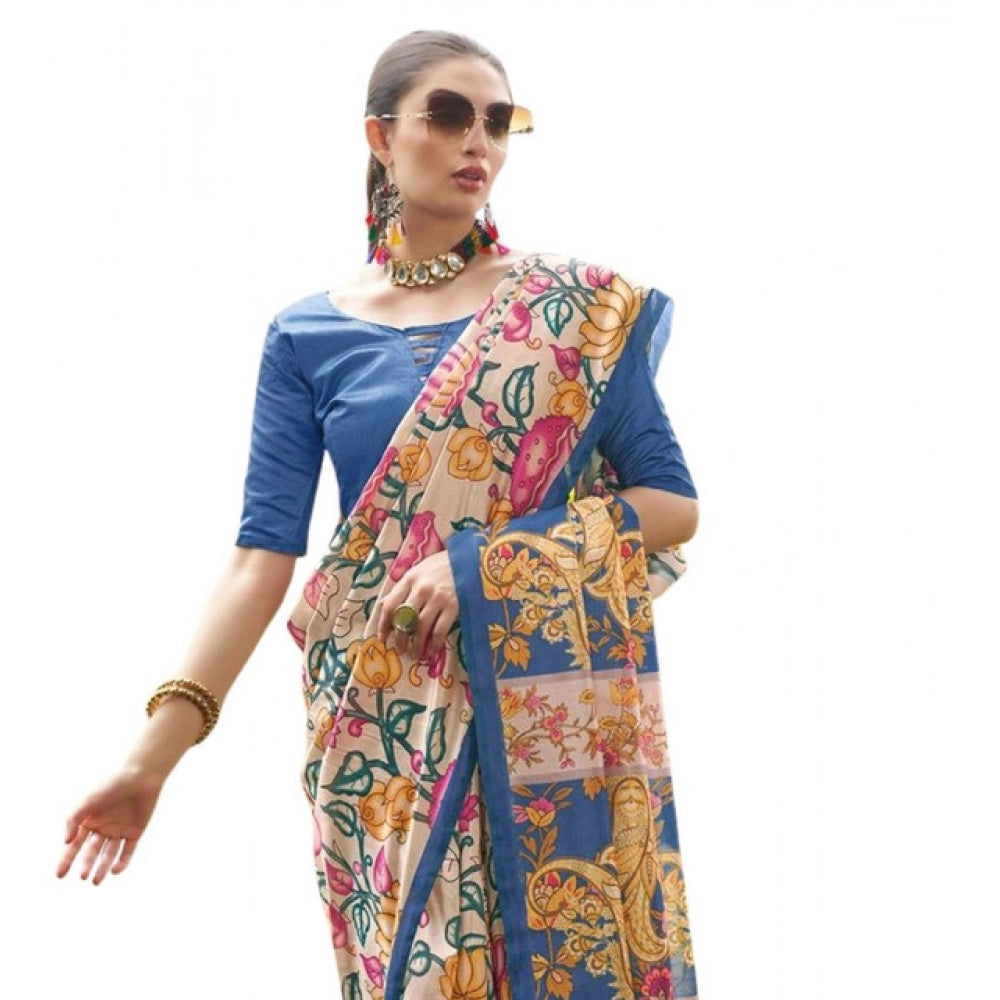 Women's Faux_Tussar Kalamkari_Print Saree With Unstitched Blouse 5.5Mtr (Blue) - VANSHELLE