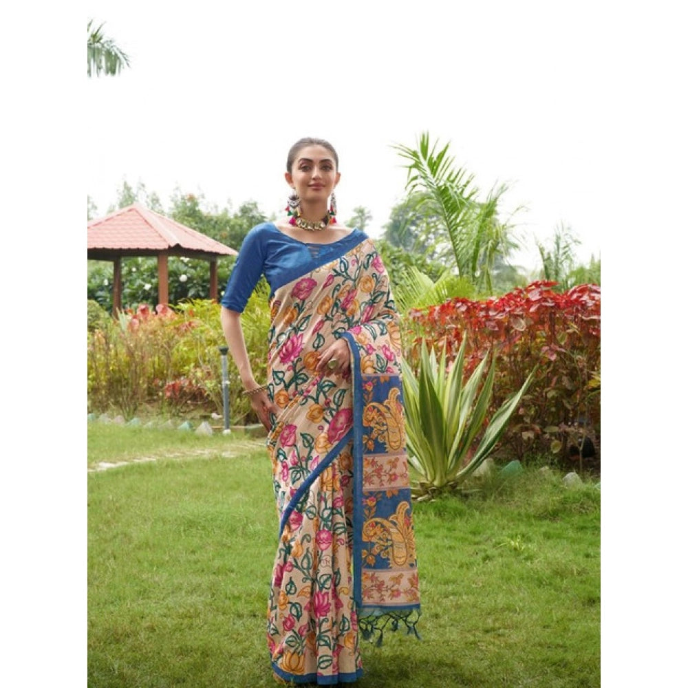 Women's Faux_Tussar Kalamkari_Print Saree With Unstitched Blouse 5.5Mtr (Blue) - VANSHELLE