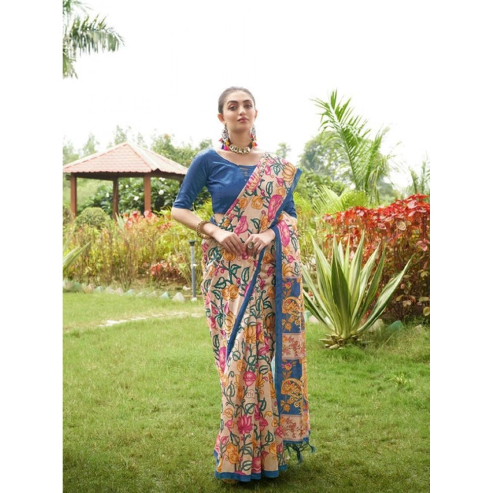 Women's Faux_Tussar Kalamkari_Print Saree With Unstitched Blouse 5.5Mtr (Blue) - VANSHELLE